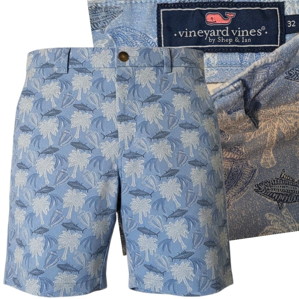 Vineyard Vines Shorts Mens 32 Blue Tropical Palm Tree Fish Print Chino